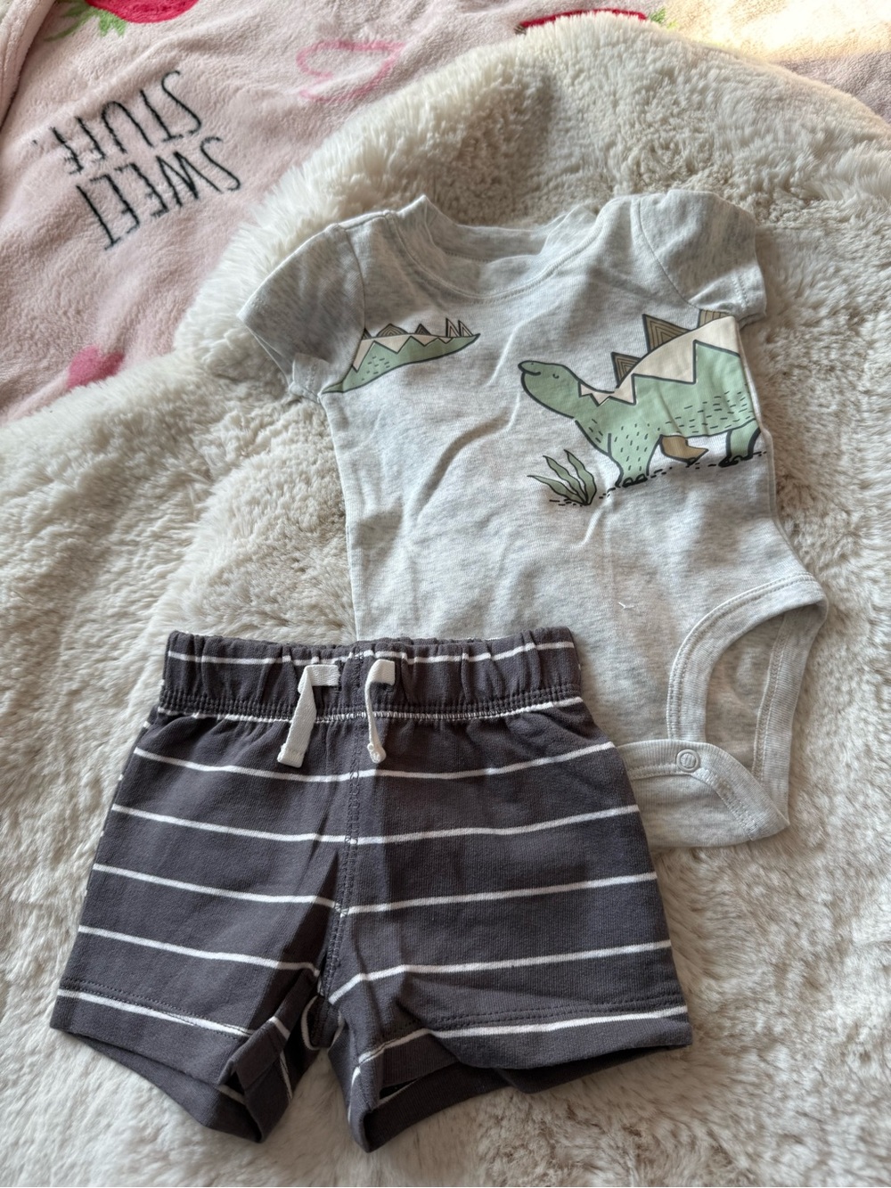 Gray Dinosaur Bodysuit & Charcoal Striped Shorts Set